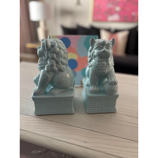 Pale Blue Chinoiserie Foo Dogs- A Pair For Sale - Image 4 of 6