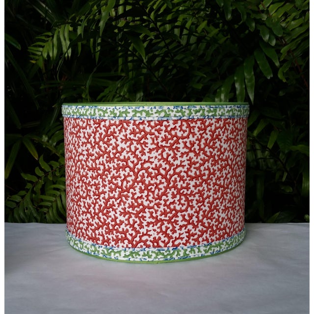 Metal Coral Red Lampshade Drum Blue and Green Trim For Sale - Image 7 of 11