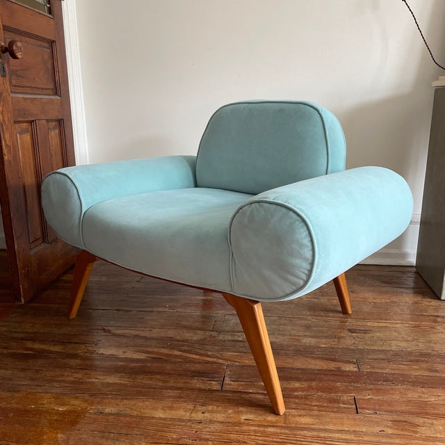 Newly upholstered in great condition French Royere style Lounge Chair bought at auction. Light blue velvet upholstery....