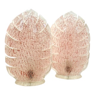 Vintage Retro Pair 1980s Pink Carved Acrylic Leaf Table Lamps For Sale