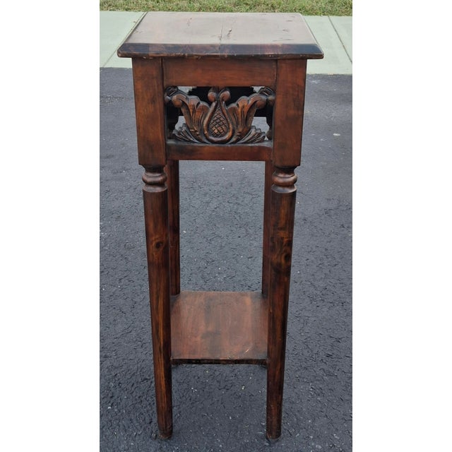 Edwardian Carved and Stained Pine Side Tablenpr Pedestal. Measures 12" in width x 12" in depth x 31.5" in height.