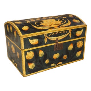 19th Century Hand Painted Polychrome Trunk With Floral Decor, Normandy France For Sale