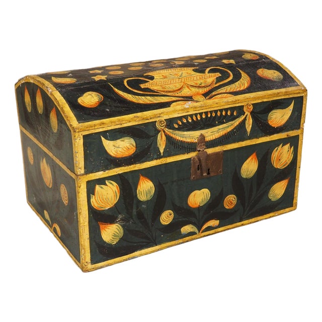 19th Century Hand Painted Polychrome Trunk With Floral Decor, Normandy France For Sale