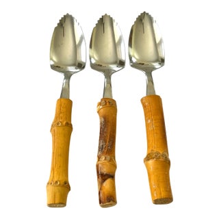 Vintage Japanese Bamboo Handle Stainless Steel Grapefruit Spoons - Set of 3 For Sale