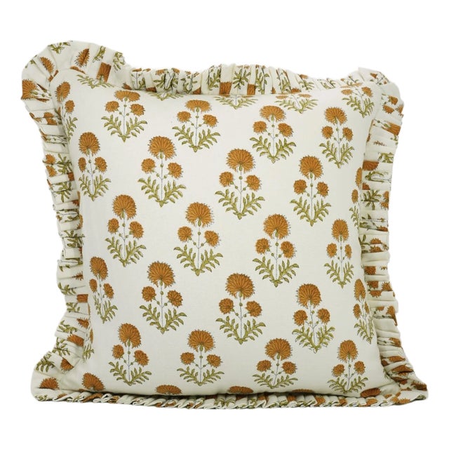 Fabdivine Ethnic Block Print Frill Cushion Cover 22x22 Inch Thick Cotton White- Rishi For Sale