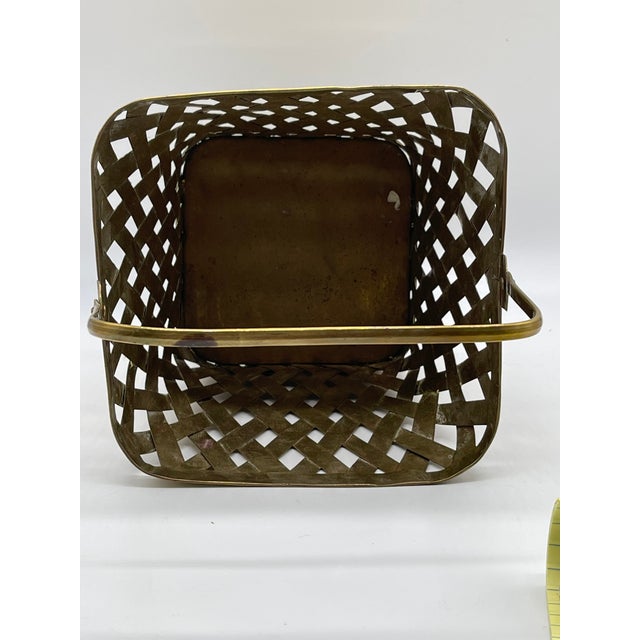 Metal Large Vintage Woven Brass Basket Handled Basket For Sale - Image 7 of 12