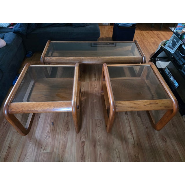 1970s Lou Hodges Mersman Waldron Smoked Glass Oak Rectangular Coffee Table 1970's For Sale - Image 5 of 9