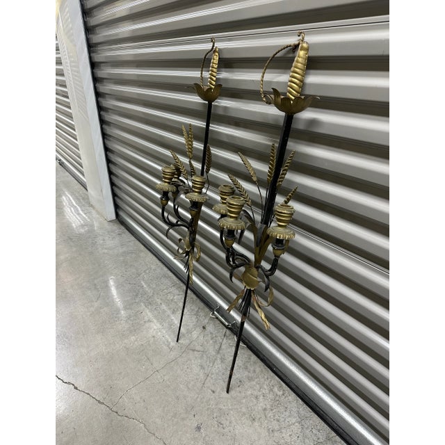 Wood Italian Gilt Wood & Tole Sword Candle Wall Sconces a Pair For Sale - Image 7 of 8