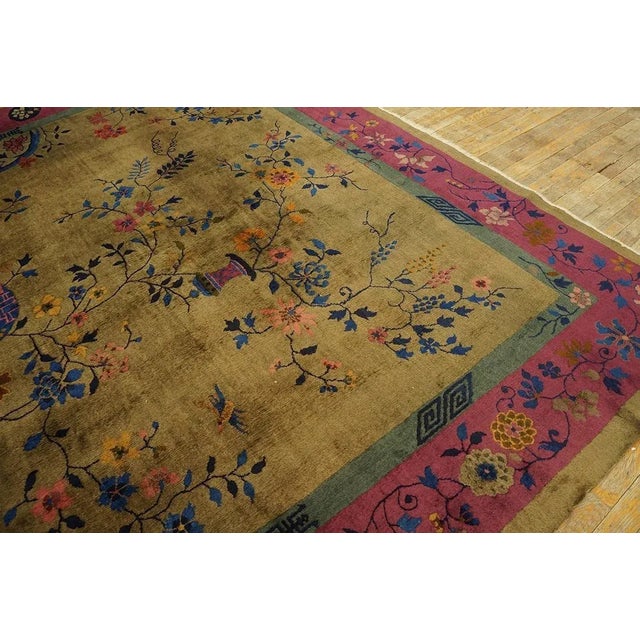 Outstanding Tan Tupe and Purple Color With Flower Design Antique Chinese Art Deco Rug For Sale - Image 10 of 11