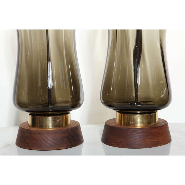 Wood Monumental Blenko Olive Hourglass Glass Table Lamps, 1950s - A Pair For Sale - Image 7 of 9
