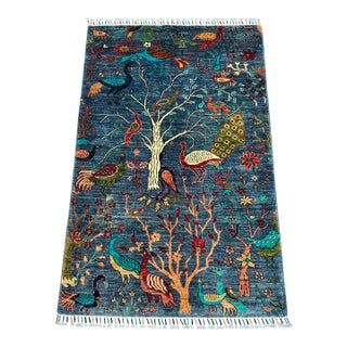 Slate Blue Persian Peacock Tree of Life Hand-Knotted Wool Rug - 3'3" X 5'0 For Sale