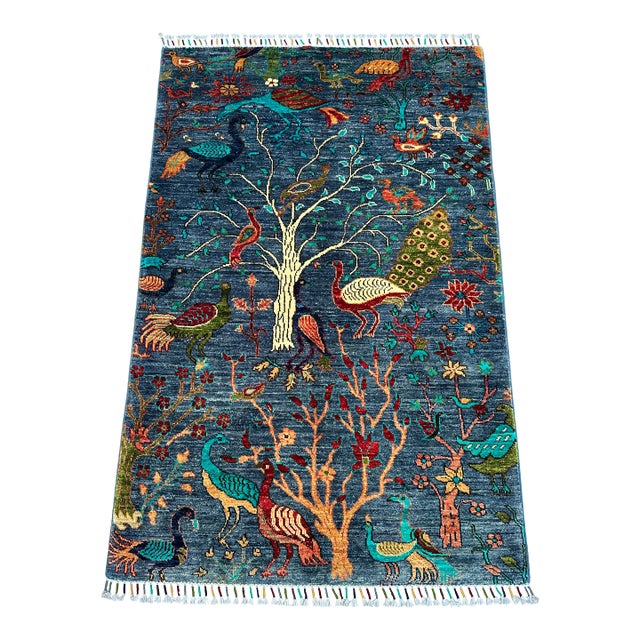 Slate Blue Persian Peacock Tree of Life Hand-Knotted Wool Rug - 3'3" X 5'0 For Sale