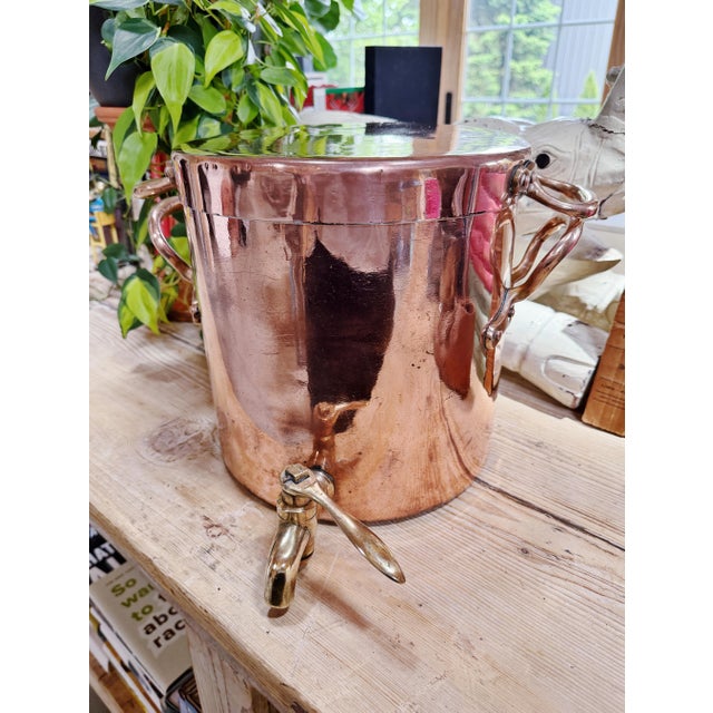 A big and beautiful antique English circa 1890s copper stock pot with brass spout and bronze handles, marked on the base...