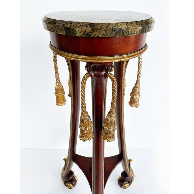Traditional Mahogany Giltwood Pedestals With Carved Tassels & Tesselated Stone Tops, a Pair For Sale - Image 3 of 7