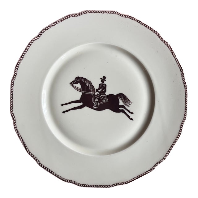 Large French Paris Porcelain Art Deco Charger Plate With Equestrian Silhouette of Horse & Rider Manner of Gio Ponti Signed Primavera For Sale