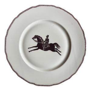 Large French Paris Porcelain Art Deco Charger Plate With Equestrian Silhouette of Horse & Rider Manner of Gio Ponti Signed Primavera