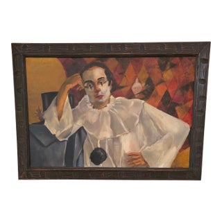 Vintage Mid Century Modern Signed Painting Harlequin Jester For Sale