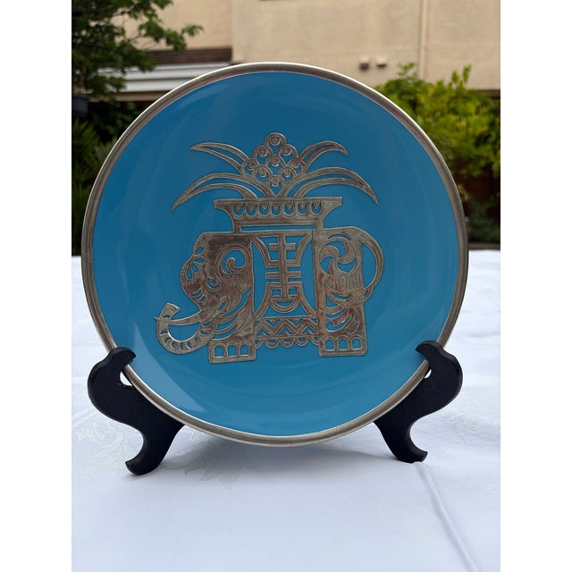 Mid 20th Century Asian Champlevé Style Turquoise Enamel & Pierced Metal Elephant Plate - 10" For Sale - Image 4 of 11
