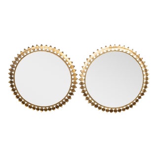 Pair of Midcentury Spanish Gilt Metal Round Mirrors with Leaves and Twisted Rope For Sale
