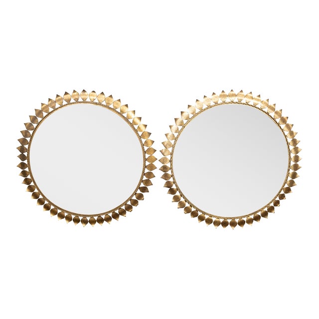 Pair of Midcentury Spanish Gilt Metal Round Mirrors with Leaves and Twisted Rope For Sale