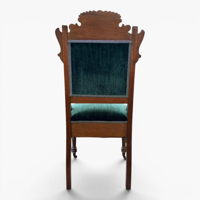 Antique 1880s Eastlake Chairs • Carved Victorian Pair • Green Velvet Upholstery For Sale - Image 12 of 12