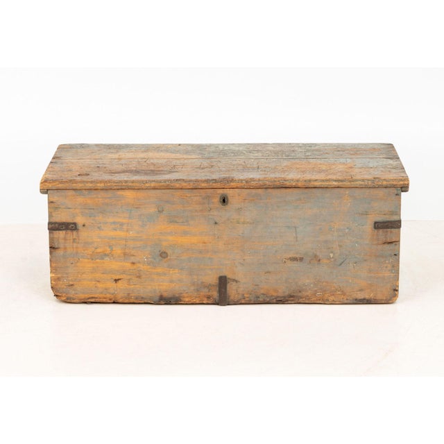 American Blue Painted Blanket Chest, with iron handles. 14.5" H x 41.25" W x 19.25" D. Provenance: From a 21 East 87th...