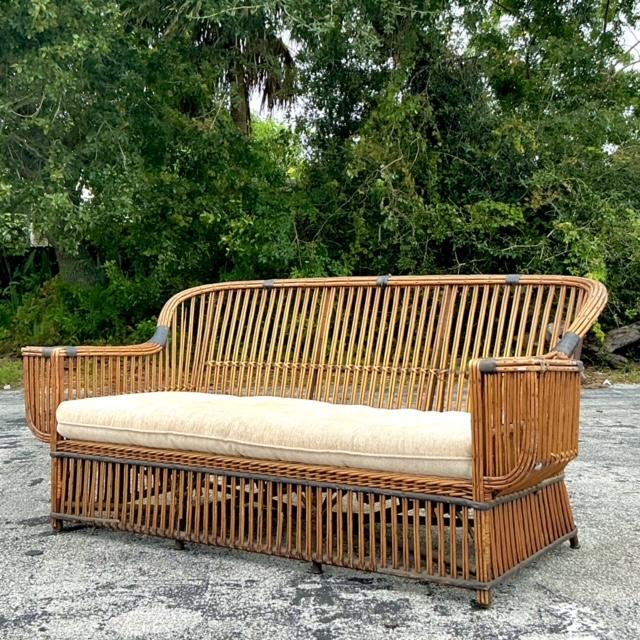 Camel Vintage Coastal Stick Rattan Sofa For Sale - Image 8 of 8