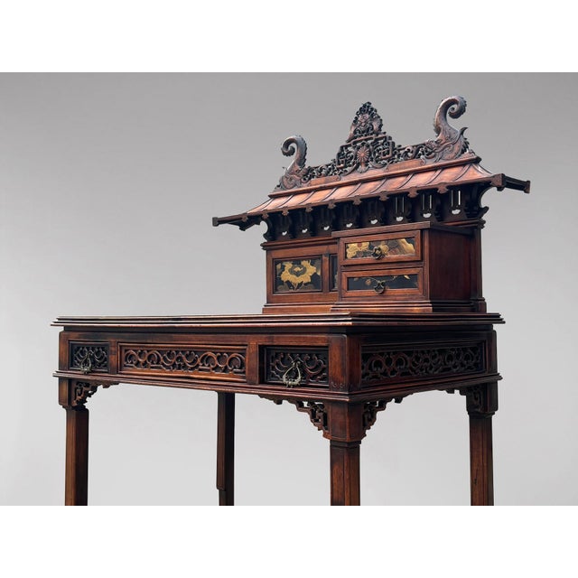 Chinese Chippendale Carved Pagoda Top Writing Table, 1880s For Sale - Image 10 of 16