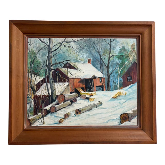 Large 1963 Signed Oil Painting Winter Landscape Red Barn Snow Scene Rustic Farm by L. Brade For Sale