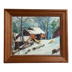Large 1963 Signed Oil Painting Winter Landscape Red Barn Snow Scene Rustic Farm by L. Brade