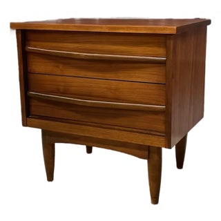 1960s Mid-Century Modern Likely Walnut Nightstand | 2-Drawer Bedside Table With Solid Wood Sculpted Handles & Dovetail Joinery For Sale