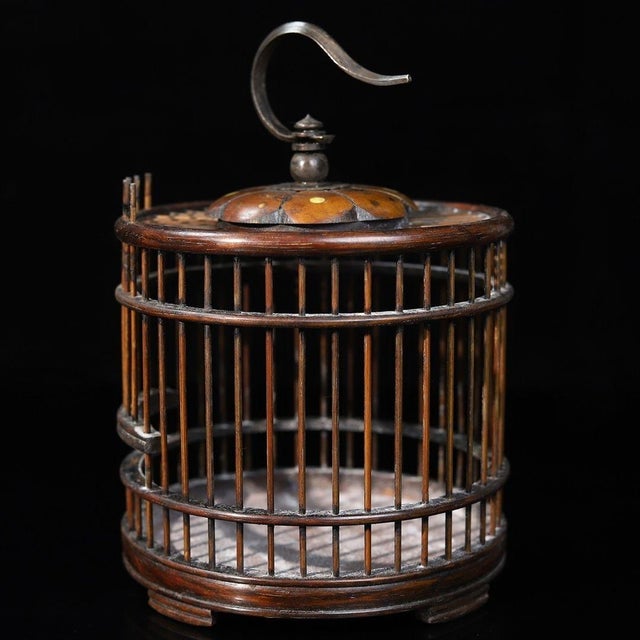 Vintage Chinese Huali Rosewood Cricket Cage | Round Cage With Brass Hook & Inlay For Sale - Image 9 of 11