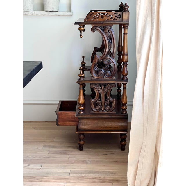 Exquisite Antique Victorian Carved Walnut Étagère Display Stand With Ornate Gallery & Lower Drawer For Sale In Dallas - Image 6 of 12