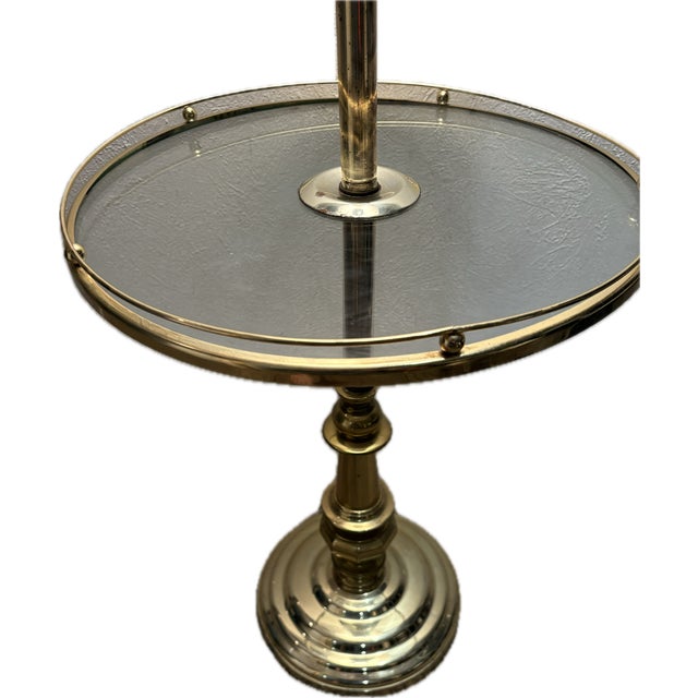 Vintage Stiffel Style Solid Brass Floor Lamp With Integrated Round Glass Side Table For Sale - Image 12 of 16
