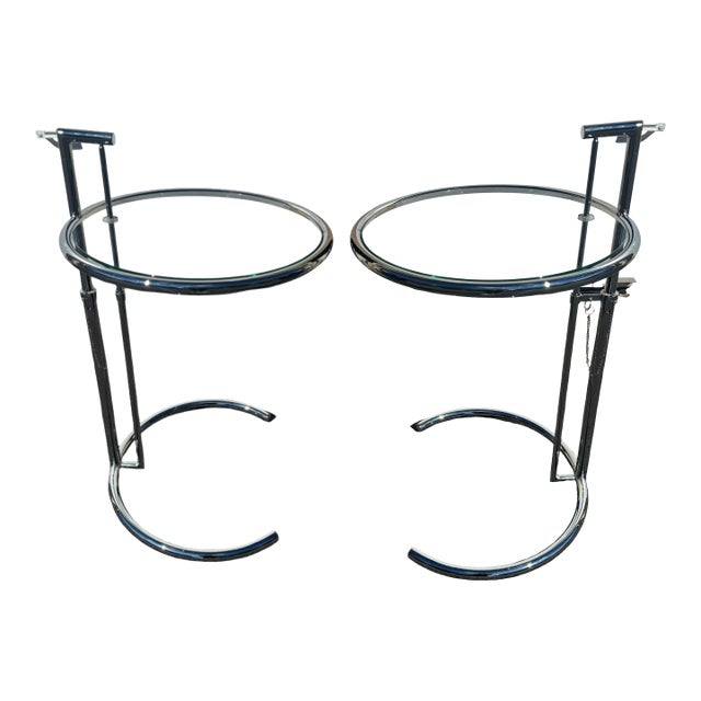 Pair of Design Within Reach Adjustable Glass Side Tables – Chrome (Eileen Gray Style) For Sale