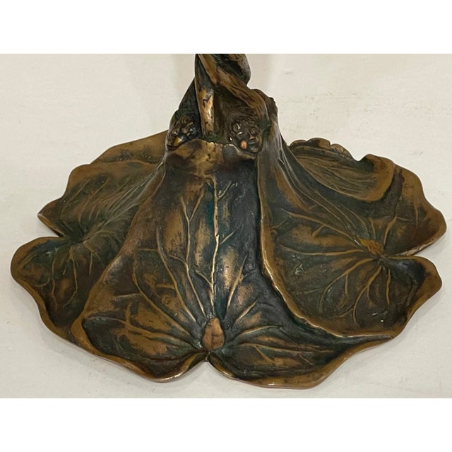 Art Nouveau Bronze Lily Pad & Water Nymph Candlesticks, Signed CH Barr, 1902 - a Pair For Sale - Image 10 of 12