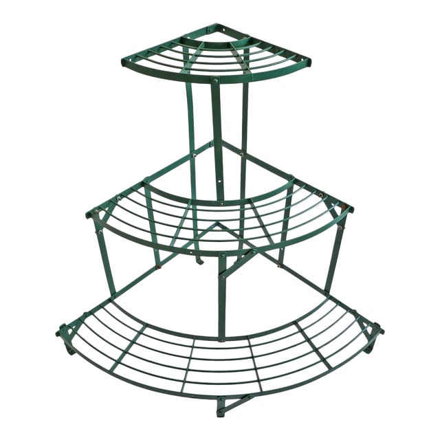 Late 20th Century French Style Three-Tier Corner Green Painted Iron Plant Stand For Sale