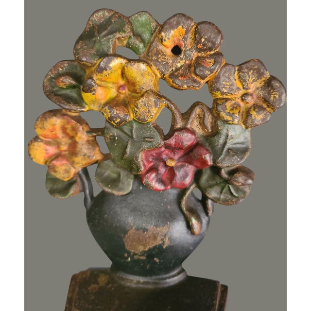 Antique Hubley #105 "Poppies in Vase" Painted Cast Iron Doorstop For Sale - Image 6 of 10