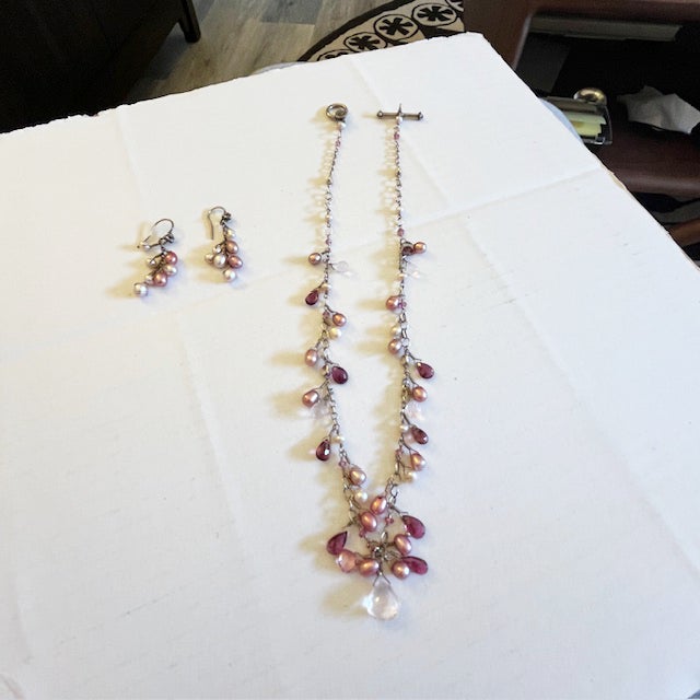 1990s Laura Gibson Sterling Silver Pearls & Dangling Faceted Gems Necklace & Earrings, 3 Pieces For Sale - Image 4 of 6