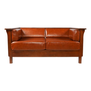 Crafters and Weavers Mission Craftsman Cubic Slat Side Loveseat in Russet Brown Leather For Sale