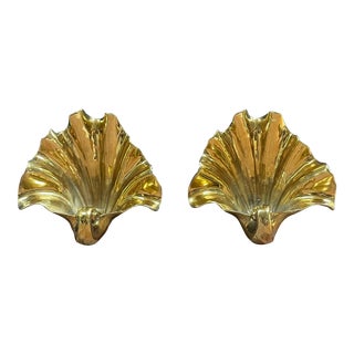 Vintage Hollywood Regency Brass Clam Shell Candle Holders / Wall Sconces For Sale