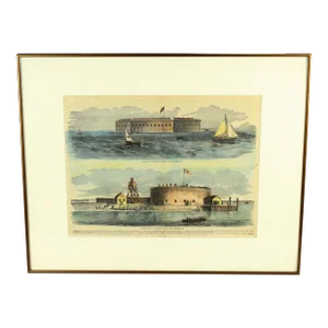 Vintage Fort Sumter & Castle Pickney Us Civil War Hand Tinted Offset Lithograph