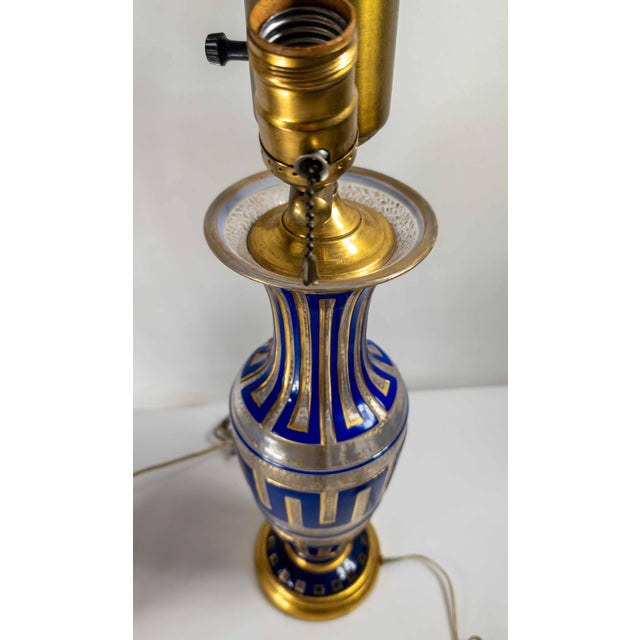 19th Century Pair of Bohemian Cameo Glass Table Lamp Vases With Greek Key Design in Blue For Sale - Image 12 of 16