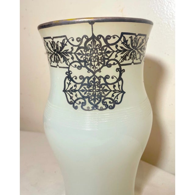 1940s Antique Ornate Sterling Silver Overlaid Opal Opaline Tall Glass Vase For Sale - Image 5 of 12