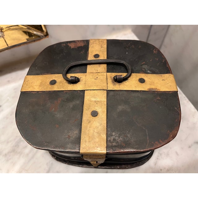 Early 20th Century Antique Metal Box With Brass Accents For Sale - Image 5 of 14