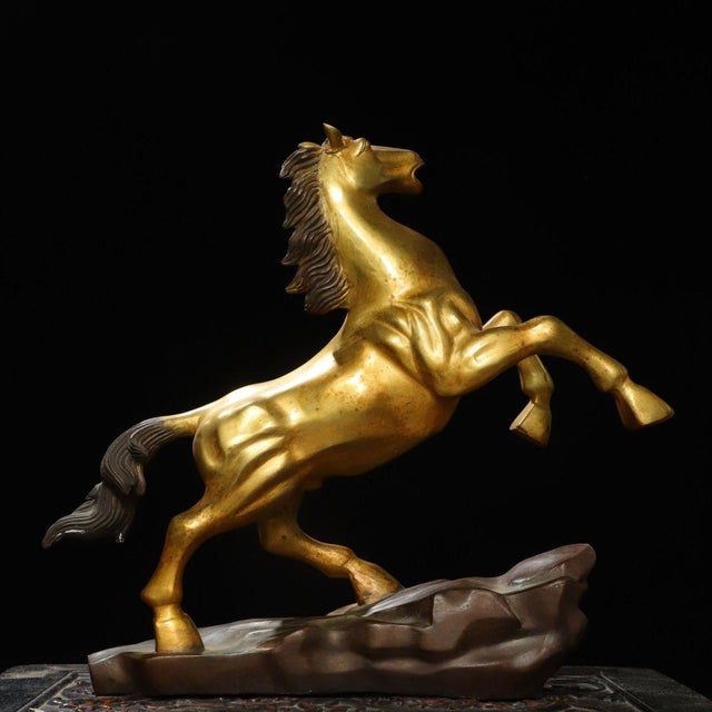 Late 20th Century Large Vintage Gilt Brass Galloping Horse Sculpture - Feng Shui "Success" Statue on Base For Sale - Image 5 of 9