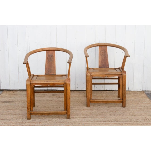 Chinese Pair of Golden Elm Chinese Club Chairs For Sale - Image 3 of 10