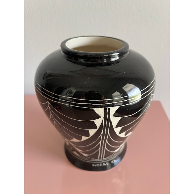 Ceramic Curras Brothers Vase Signed 1996 Black & White Hand-Carved Art Pottery For Sale - Image 7 of 9