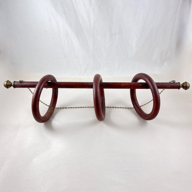 Belle Epoque Three Ring Wood & Brass Hanging Towel Rack For Sale - Image 4 of 12