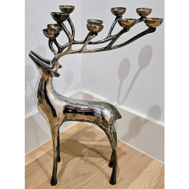 Hollywood Regency Large Vintage Silver-Tone Stag Deer 10-Light Antler Candelabra For Sale - Image 3 of 9
